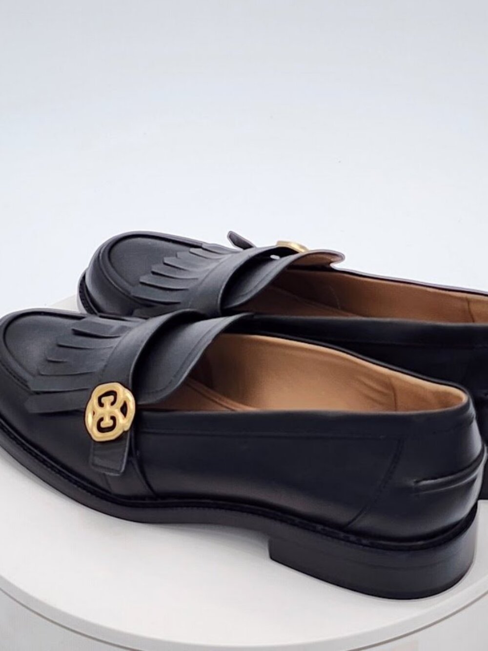 Black Leather Fringe Loafers with Gold Accent - Picture 4 of 9